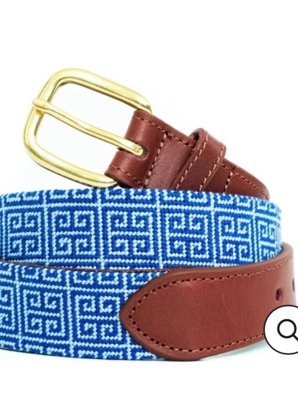 Blue Geometric Woven Men's Belt with Brown Leather Trim